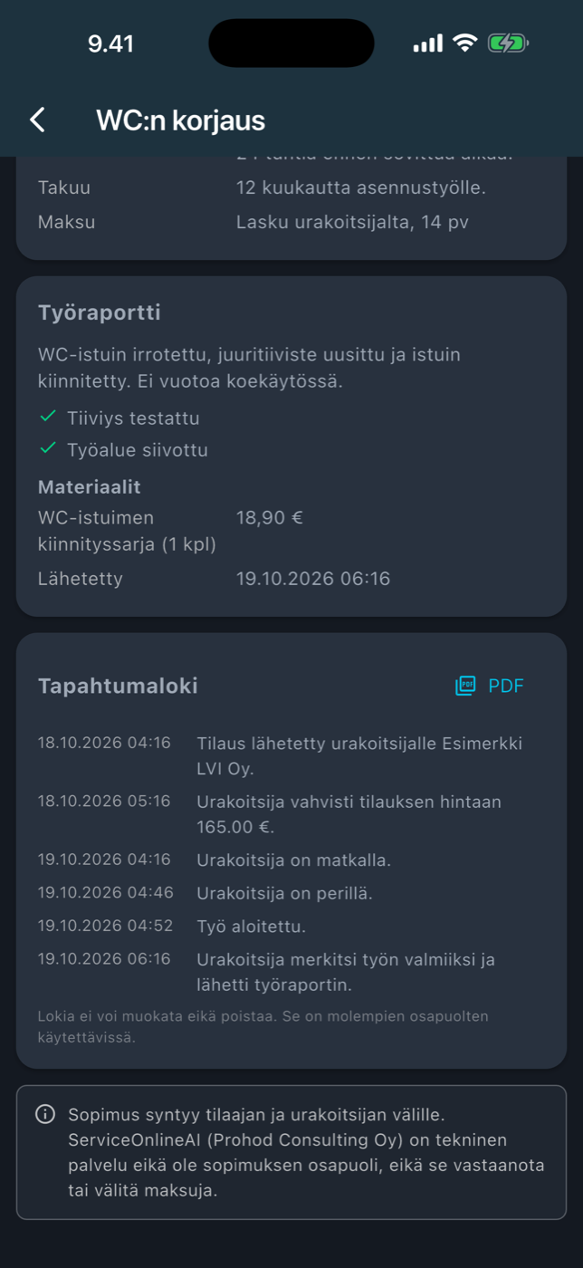 ServiceOnlineAI: tilauksen tapahtumaloki